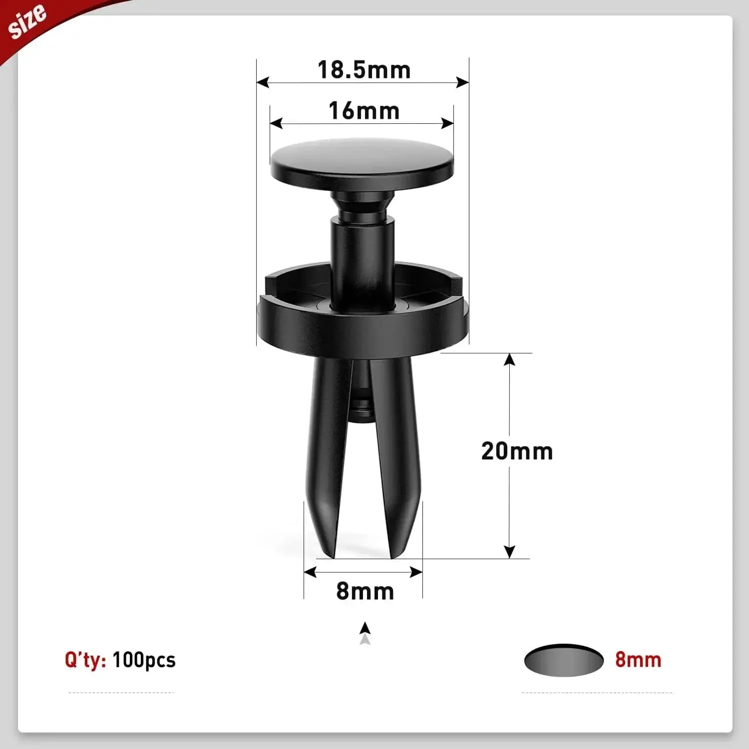 100 Pcs Head 18.5mm Hole 8mm Push-Type Fender Liner Retainer Clips Replacement for Chrysler 6504521, 04575412AF Jeep Liberty Grand Caravan Dodge Charger Grand Caravan