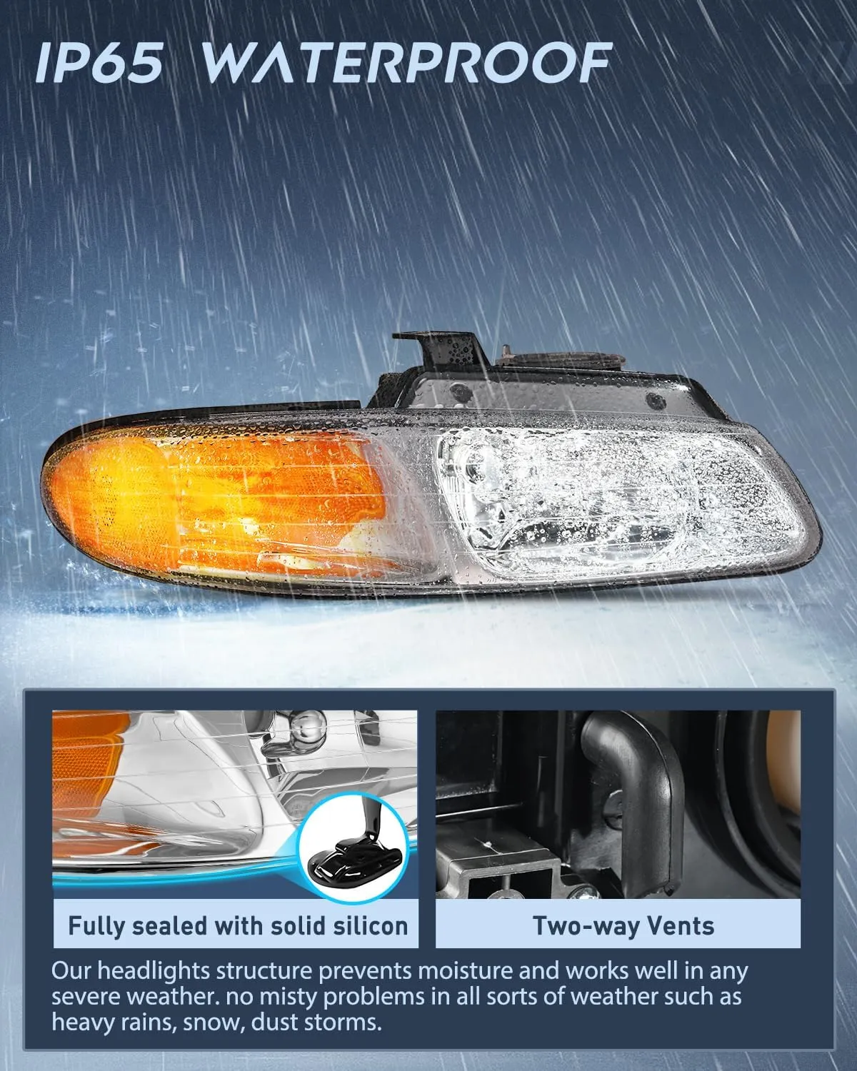 1996-1999 Chrysler Town & Country Dodge Grand Caravan Plymouth Grand Voyager Headlight Assembly Chrome Case Amber Reflector