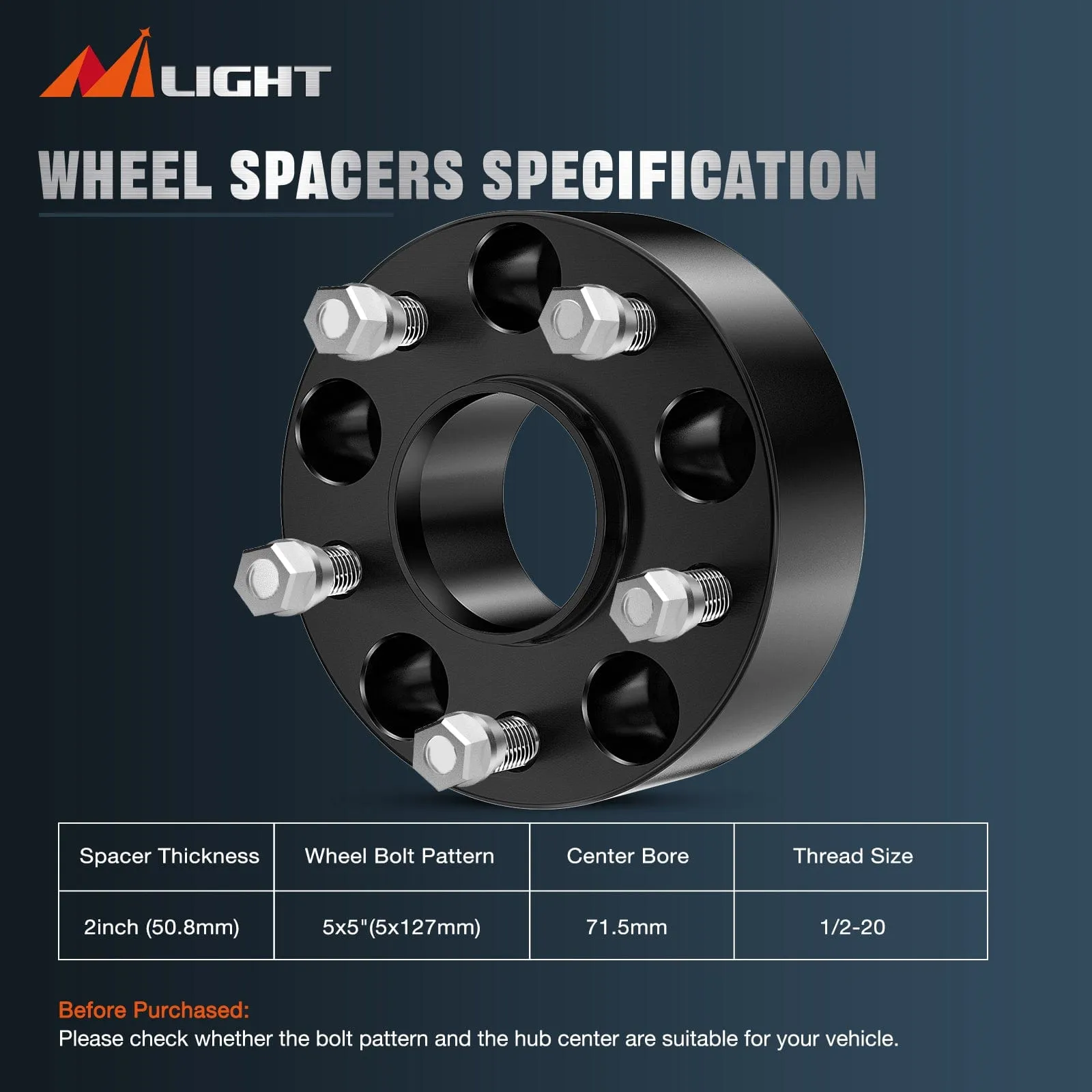 2inch (50mm) Wheel Spacers 4Pcs For 2007-2018 Jeep Wrangler JK JKU 2005-2010 Grand Cherokee WK 1999-2010 Grand Cherokee WJ/WK  | 5x127 | 71.5 Hub Bore | 1/2-20 Studs
