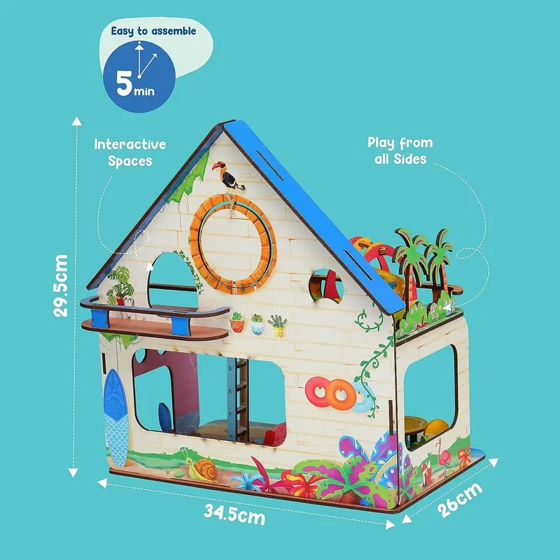 Beachvilla The Weekend Escape All Side Play Doll House for Girls & Boys DIY Paint Wooden Doll House Toy with Furniture for Kids