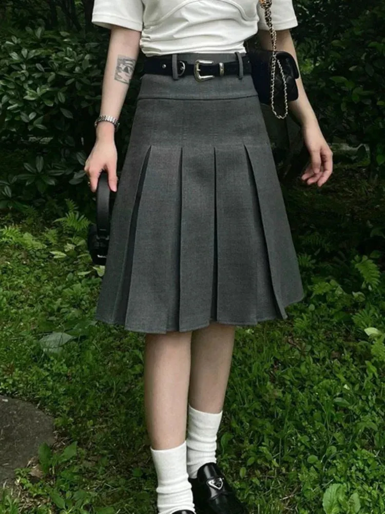 Girlary Solid Waist Women Pleated Skirt Summer Preppy Style Female Skirts Street Casual Loose Ladies Folds Faldas De Mujer