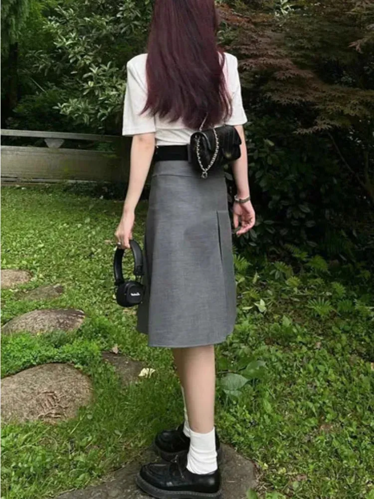 Girlary Solid Waist Women Pleated Skirt Summer Preppy Style Female Skirts Street Casual Loose Ladies Folds Faldas De Mujer