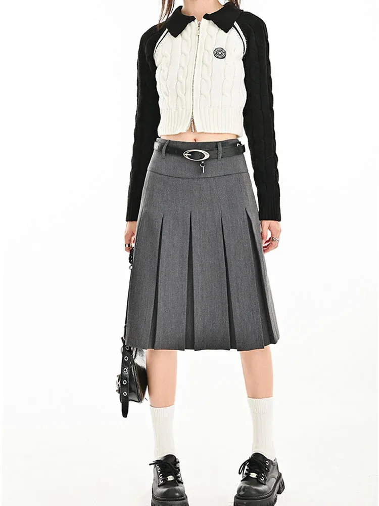 Girlary Solid Waist Women Pleated Skirt Summer Preppy Style Female Skirts Street Casual Loose Ladies Folds Faldas De Mujer