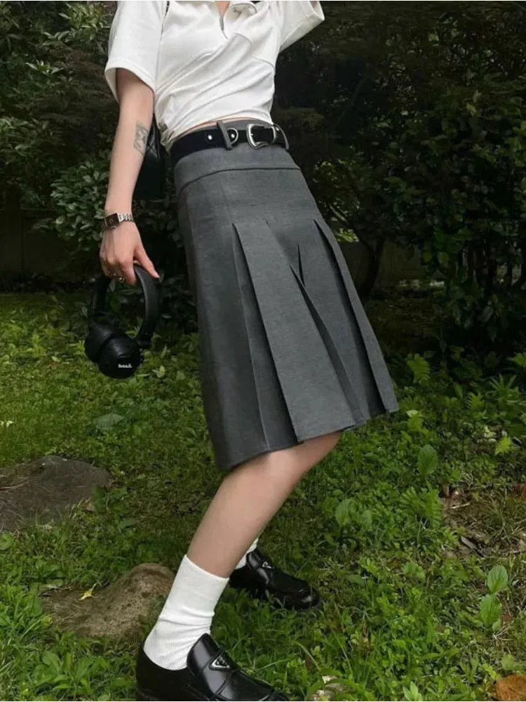 Girlary Solid Waist Women Pleated Skirt Summer Preppy Style Female Skirts Street Casual Loose Ladies Folds Faldas De Mujer
