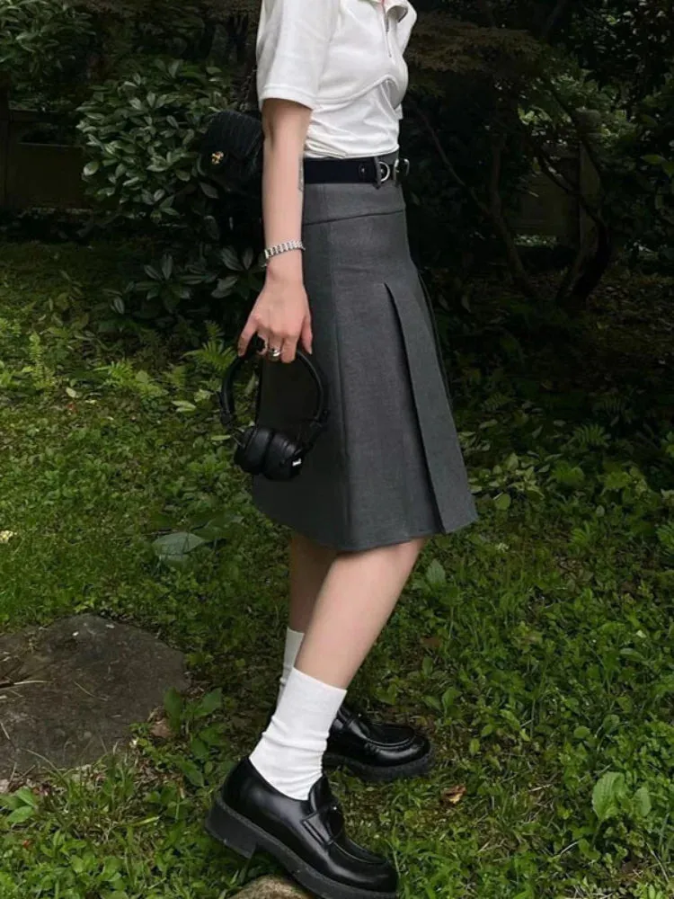 Girlary Solid Waist Women Pleated Skirt Summer Preppy Style Female Skirts Street Casual Loose Ladies Folds Faldas De Mujer