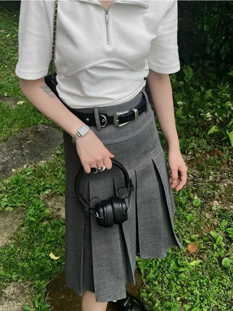 Girlary Solid Waist Women Pleated Skirt Summer Preppy Style Female Skirts Street Casual Loose Ladies Folds Faldas De Mujer