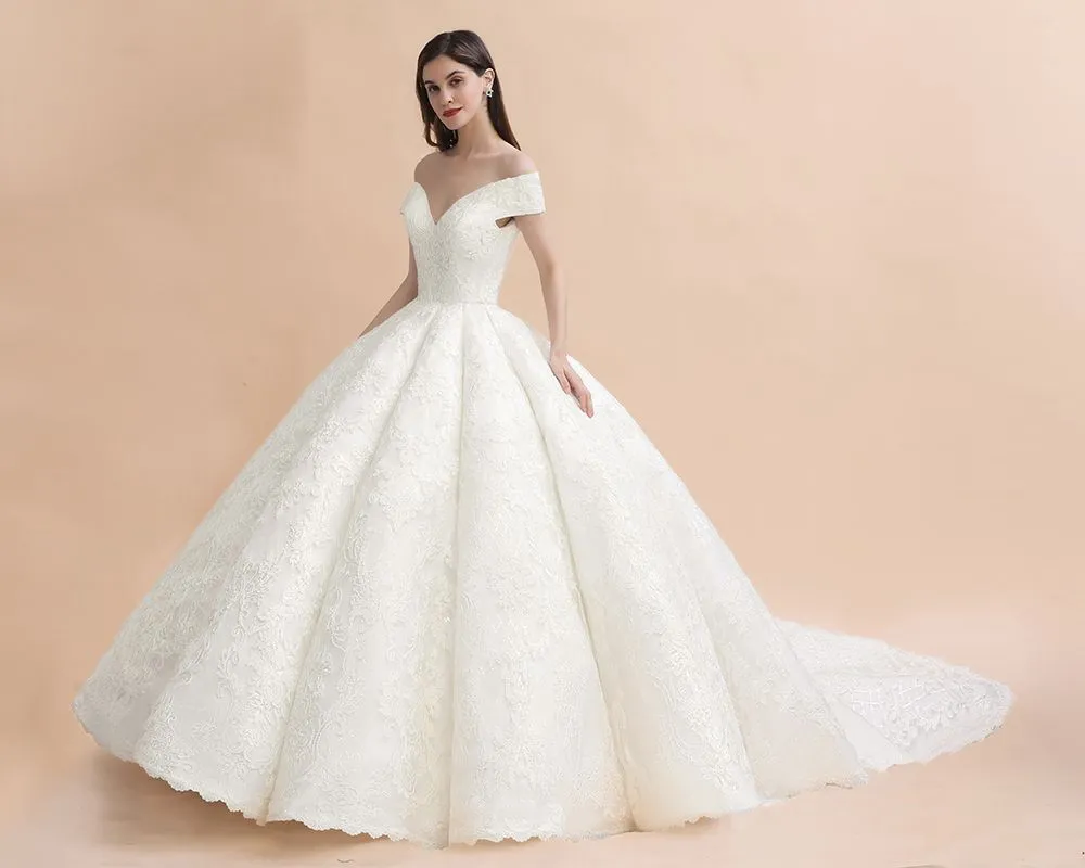 Ivory Off Shoulder Tulle Lace Appliques Ball Gown Bridal Dress