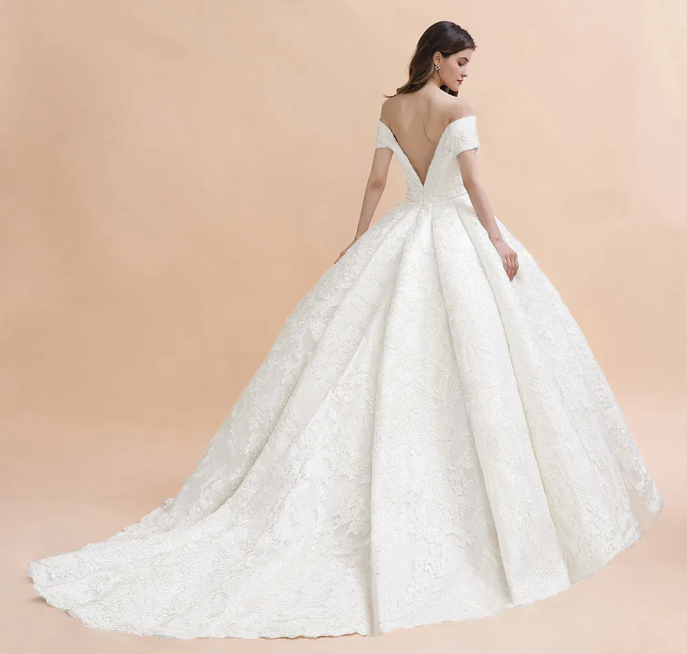 Ivory Off Shoulder Tulle Lace Appliques Ball Gown Bridal Dress