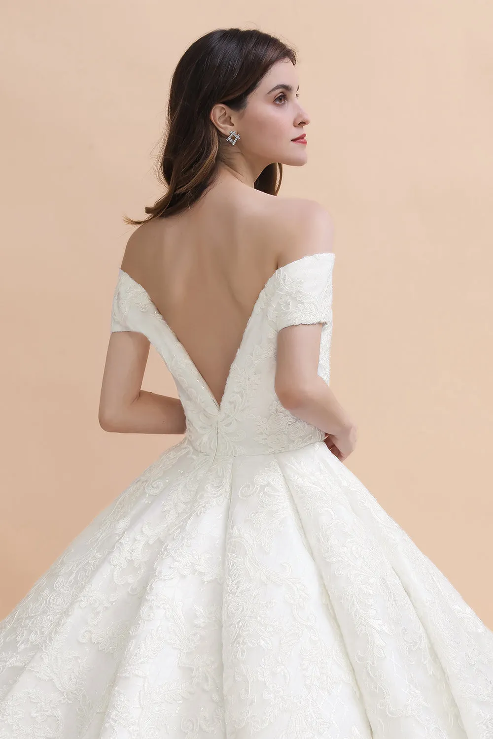 Ivory Off Shoulder Tulle Lace Appliques Ball Gown Bridal Dress