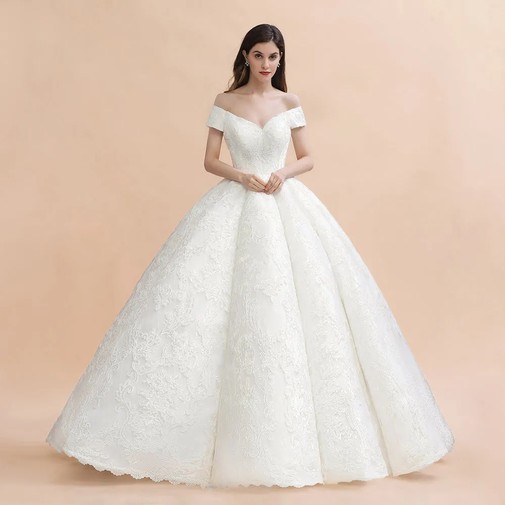 Ivory Off Shoulder Tulle Lace Appliques Ball Gown Bridal Dress