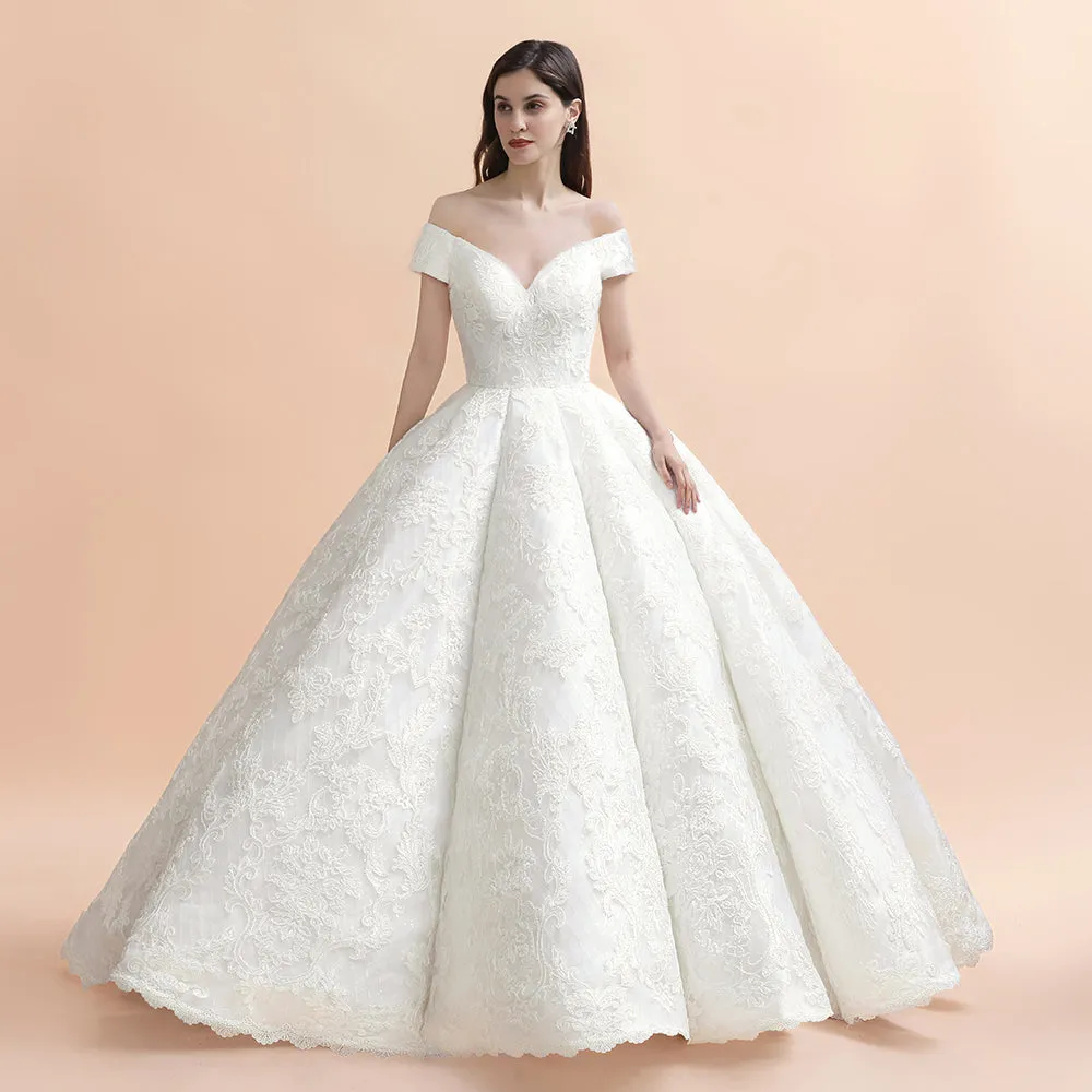 Ivory Off Shoulder Tulle Lace Appliques Ball Gown Bridal Dress
