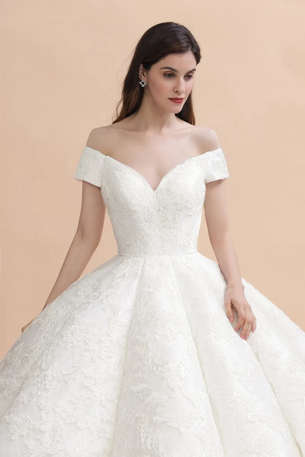 Ivory Off Shoulder Tulle Lace Appliques Ball Gown Bridal Dress