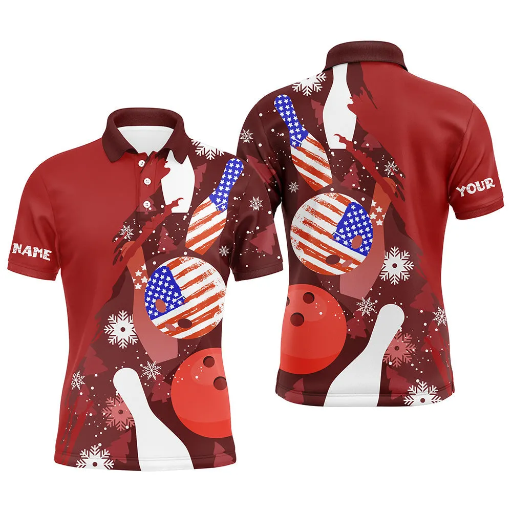 Personalized Christmas American Flag Bowling Polo Shirts For Men Custom Red Bowling Team Jerseys