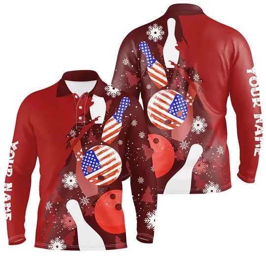 Personalized Christmas American Flag Bowling Polo Shirts For Men Custom Red Bowling Team Jerseys
