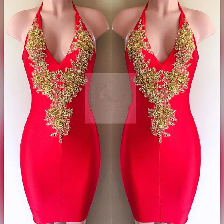 Sexy Halter V-Neck Short Homecoming Dress | Lace Mini Party Gowns