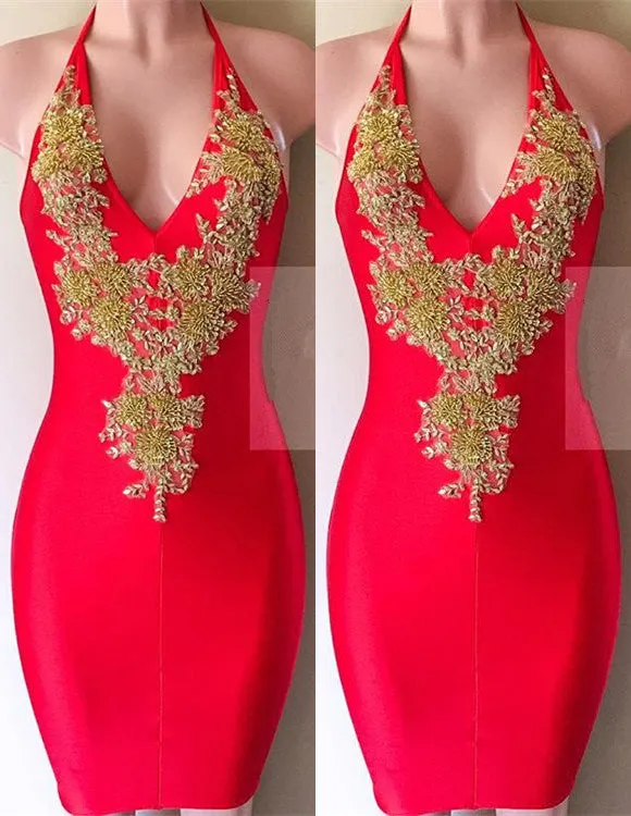 Sexy Halter V-Neck Short Homecoming Dress | Lace Mini Party Gowns