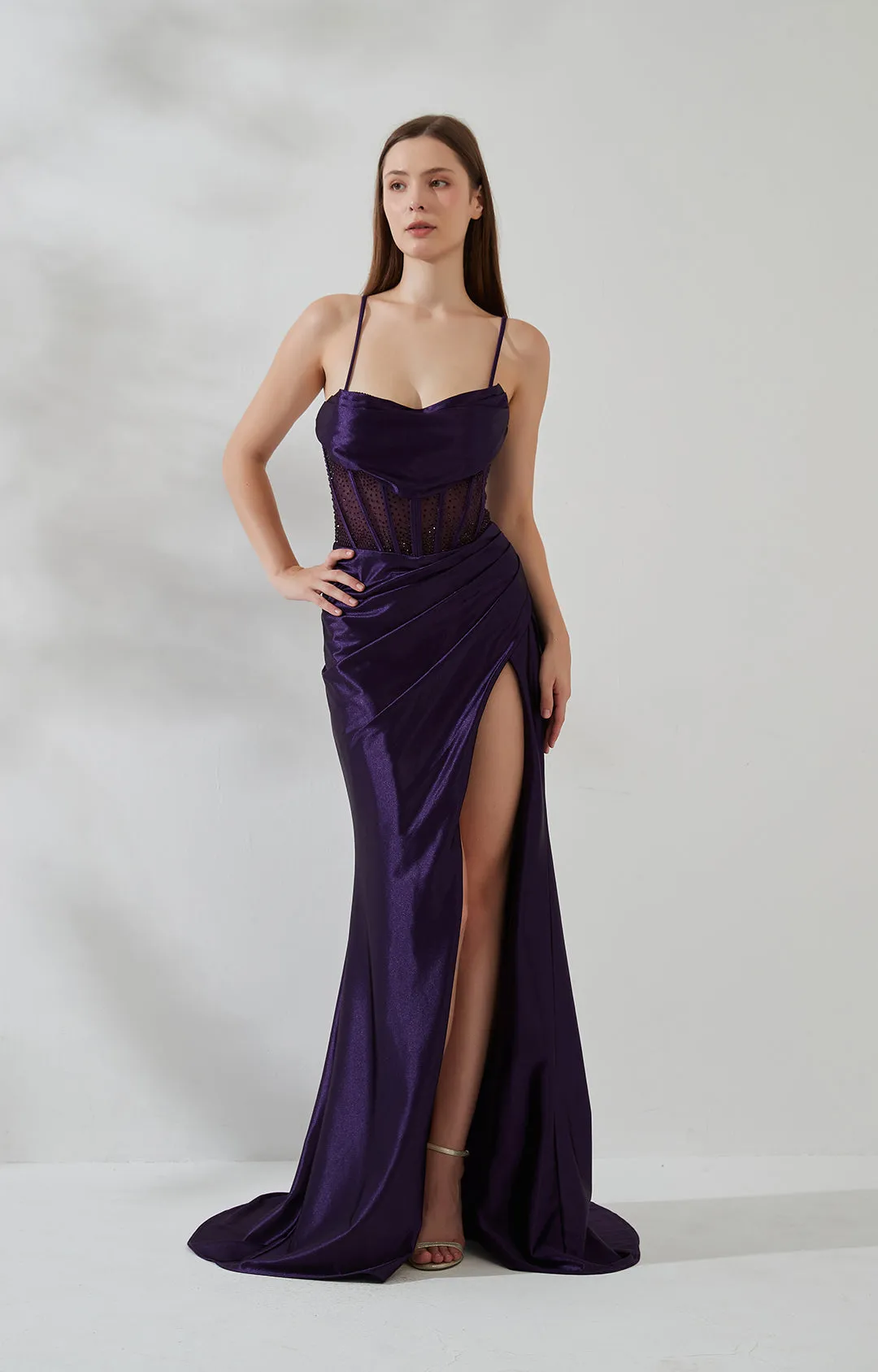 Spaghetti Strap Cowl Neck Sheer Boned Pleated Dress with Split