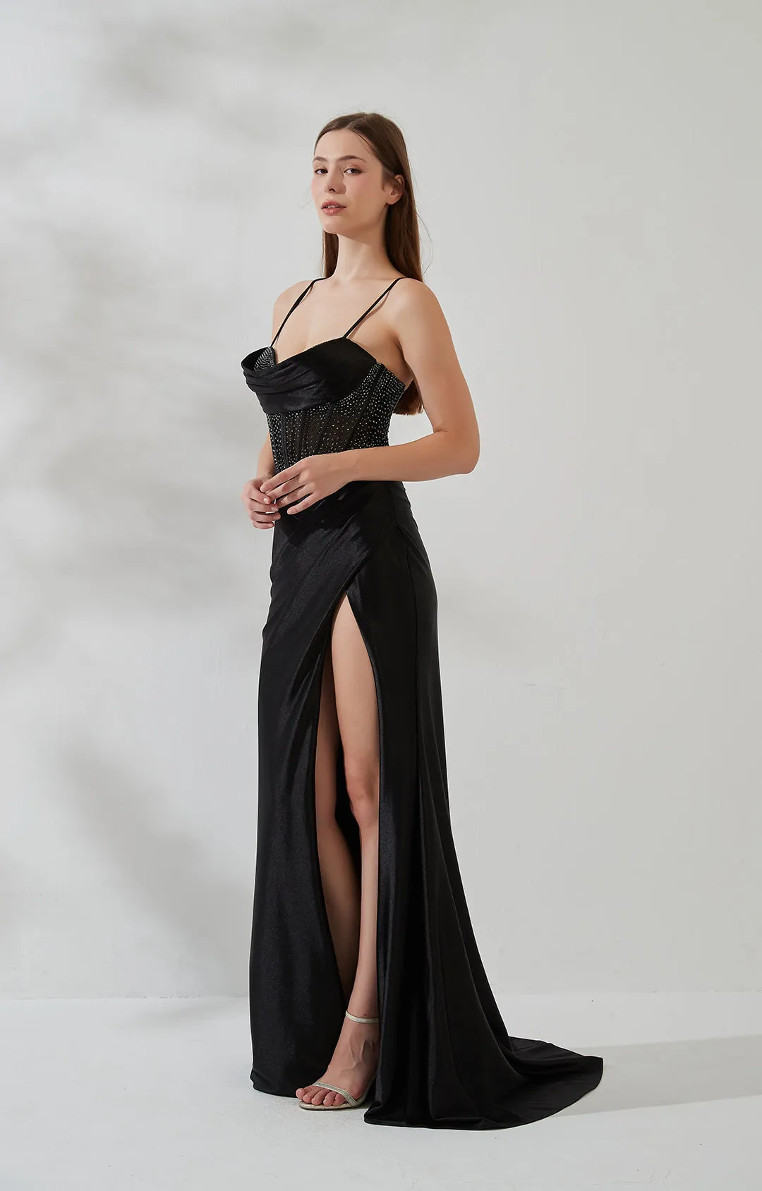 Spaghetti Strap Cowl Neck Sheer Boned Pleated Dress with Split