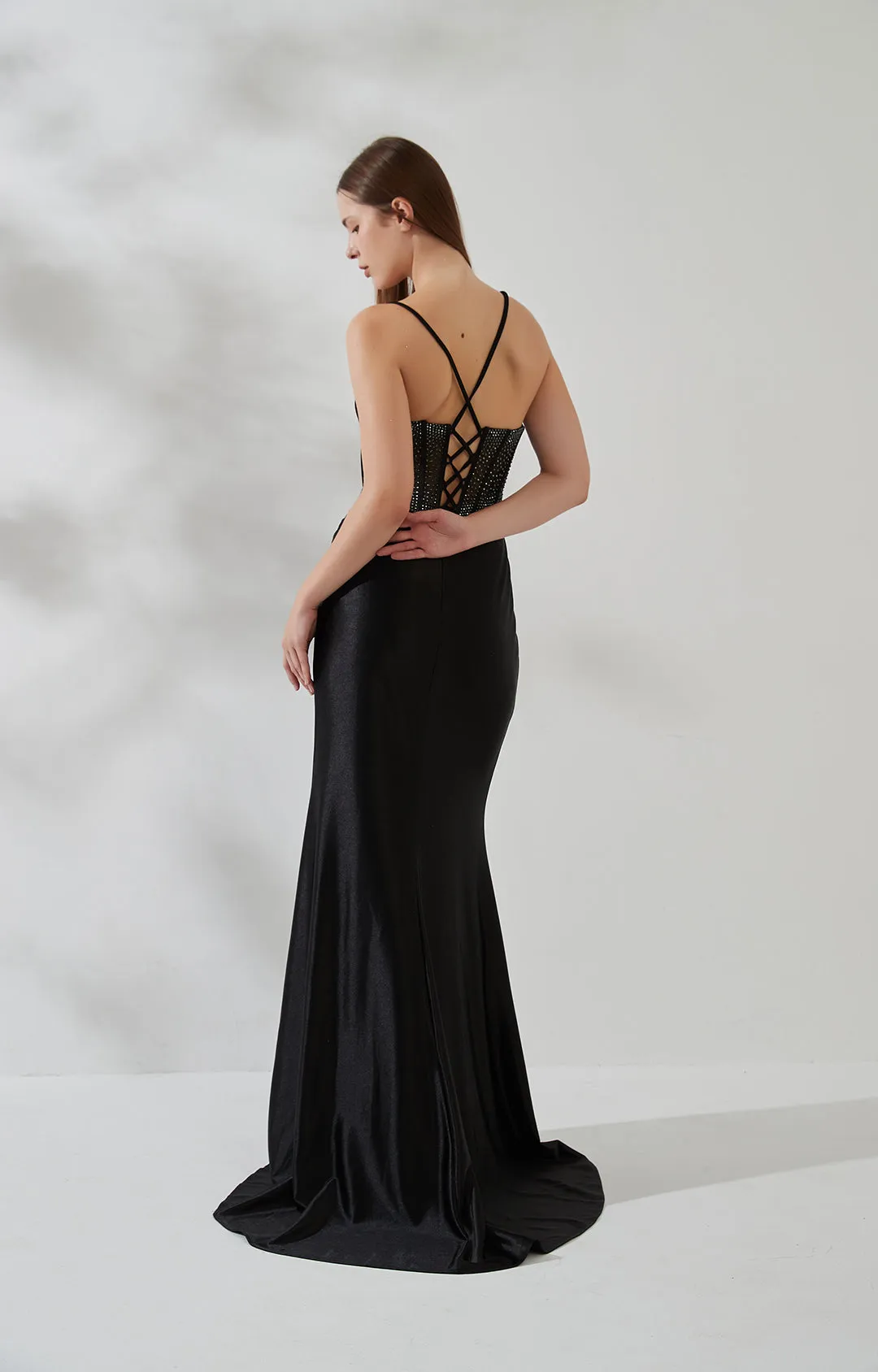 Spaghetti Strap Cowl Neck Sheer Boned Pleated Dress with Split