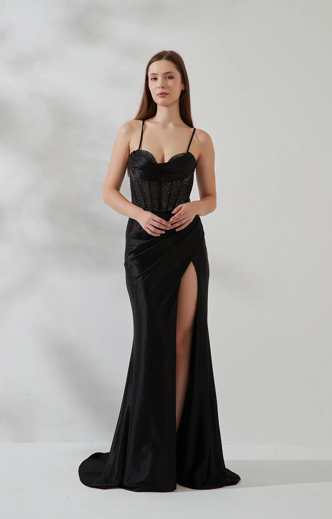 Spaghetti Strap Cowl Neck Sheer Boned Pleated Dress with Split