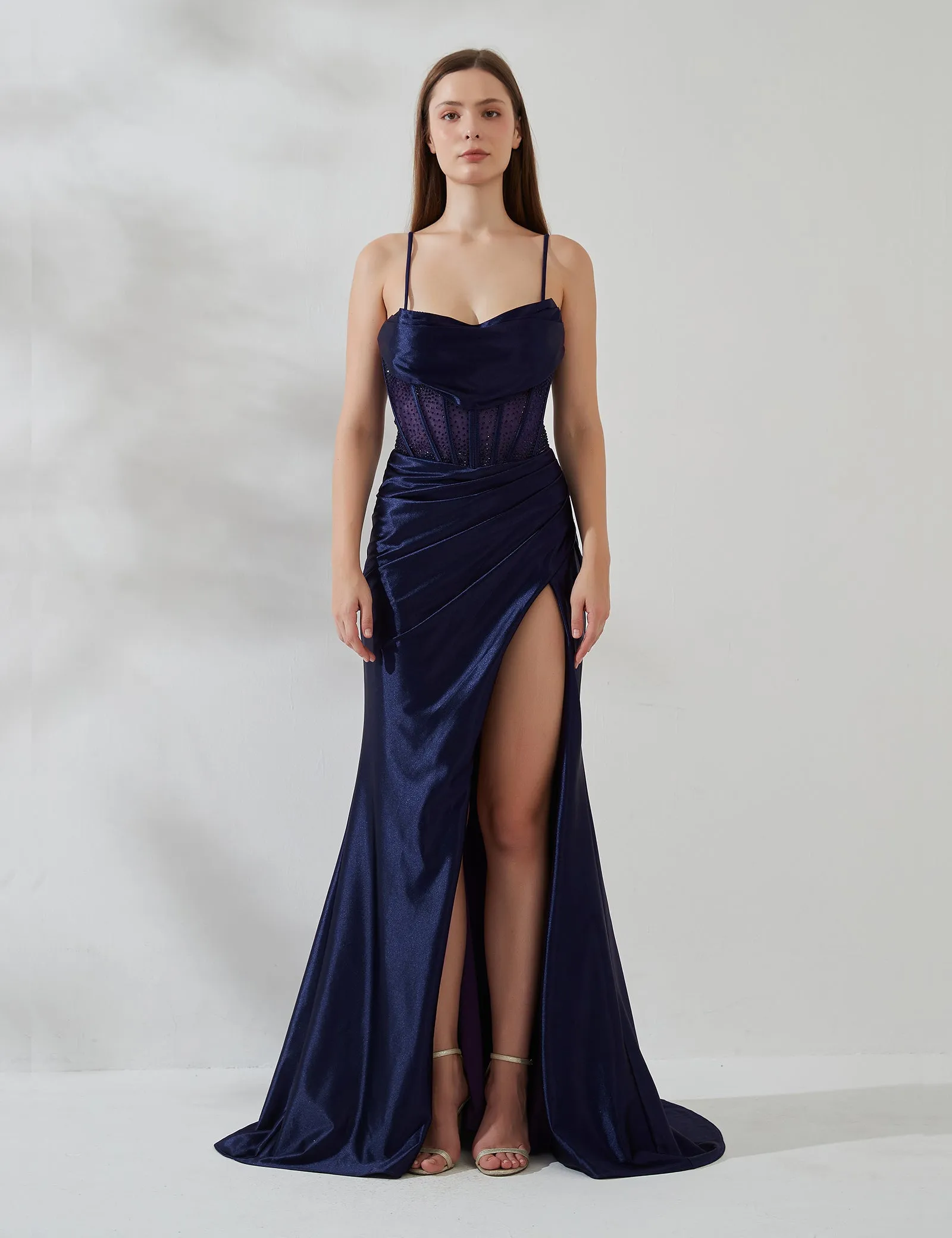 Spaghetti Strap Cowl Neck Sheer Boned Pleated Dress with Split