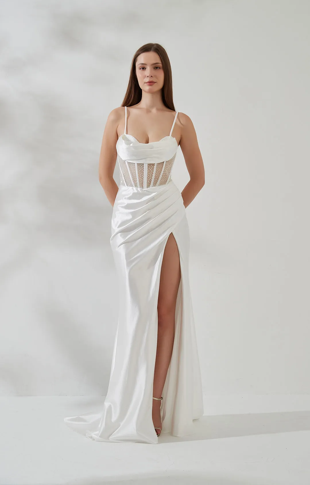 Spaghetti Strap Cowl Neck Sheer Boned Pleated Dress with Split
