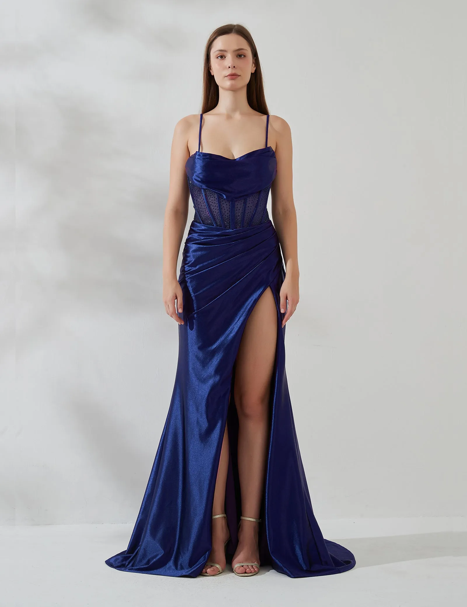 Spaghetti Strap Cowl Neck Sheer Boned Pleated Dress with Split