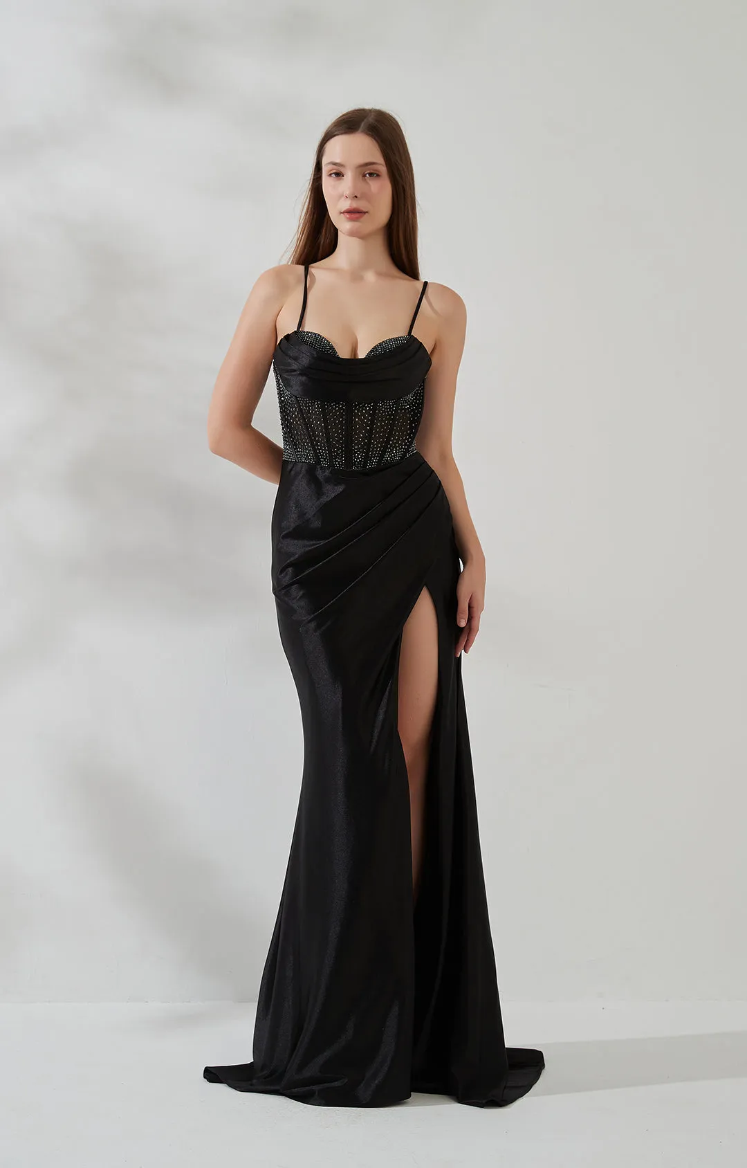 Spaghetti Strap Cowl Neck Sheer Boned Pleated Dress with Split