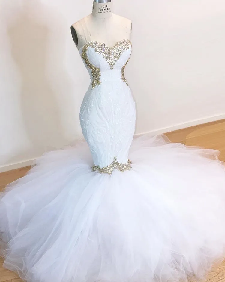 Stunning Sweetheart White Wedding Dresses | Mermaid Tulle Bridla Gowns With Beads