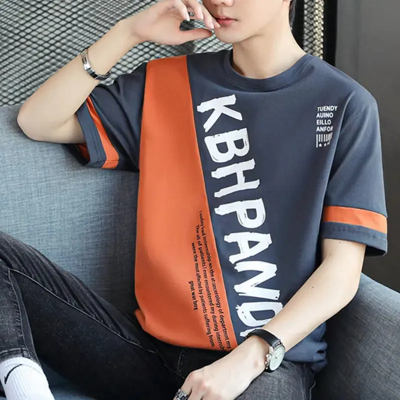 Wiaofellas  -  Fashion Printed Spliced Letter Short Sleeve T-Shirt Men's Clothing Spring New Oversized Casual Pullovers Korean Tee Shirt