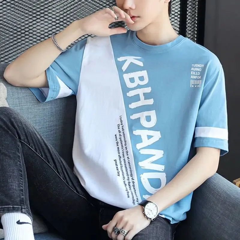 Wiaofellas  -  Fashion Printed Spliced Letter Short Sleeve T-Shirt Men's Clothing Spring New Oversized Casual Pullovers Korean Tee Shirt