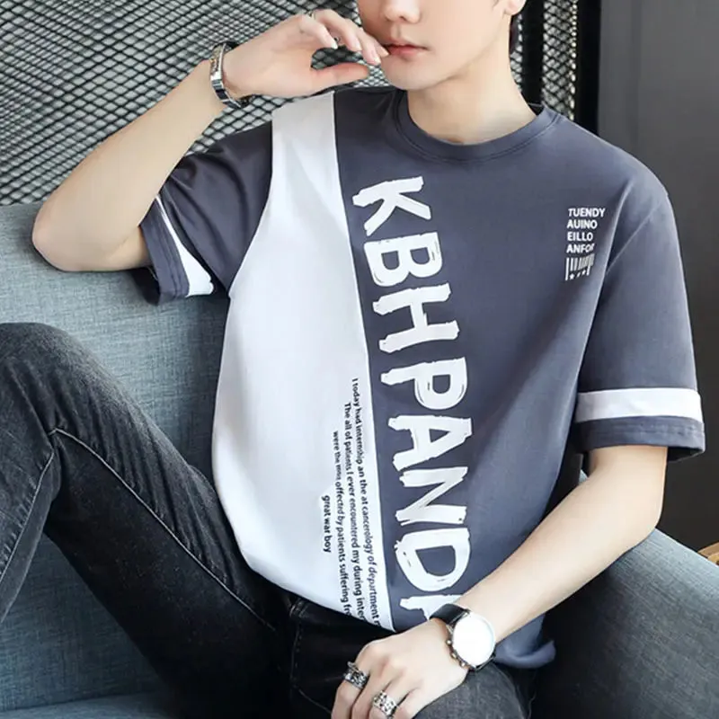 Wiaofellas  -  Fashion Printed Spliced Letter Short Sleeve T-Shirt Men's Clothing Spring New Oversized Casual Pullovers Korean Tee Shirt